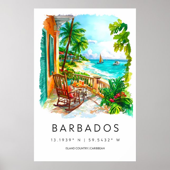 Póster de acuarela de Barbados Impresión de viaje  (Frente)