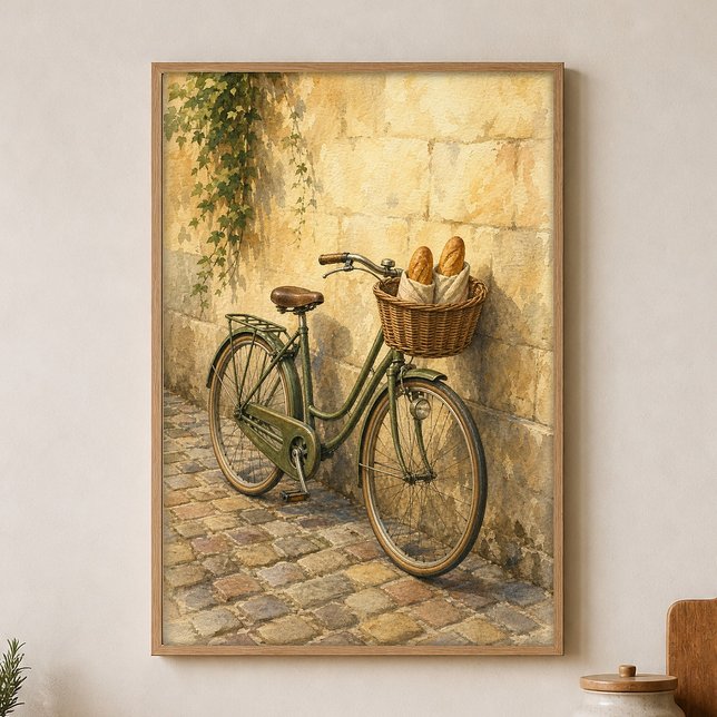 Póster de Acuarela de Bicicleta con Cesta de Pan (Shown framed for scale. Poster ships unframed; frames are an optional add-on.)