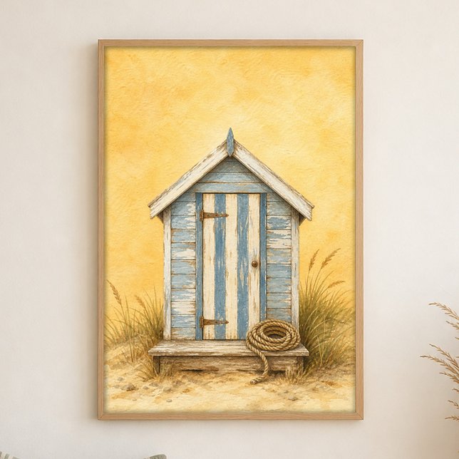 Póster de Acuarela de Cabaña de Playa con Puerta R (Shown framed for scale. Poster ships unframed; frames are an optional add-on.)