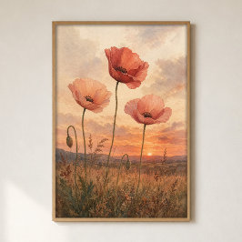Póster de acuarela de campo de amapolas al atardec