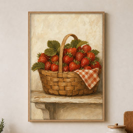 Póster de Acuarela de Cesta de Fresas Cottagecore