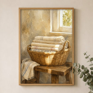 Póster de acuarela de cesta de mimbre con ropa bla