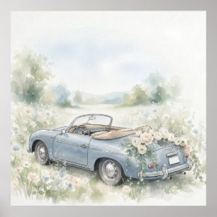 Póster de Acuarela de Coche de Fuga de Boda Azul V