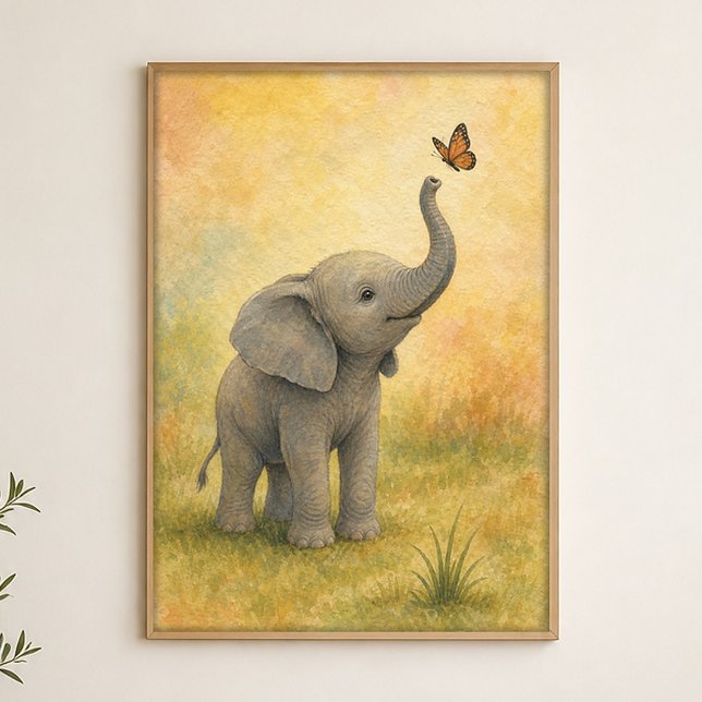 Póster de acuarela de cría de elefante con maripos (Shown framed for scale. Poster ships unframed; frames are an optional add-on.)