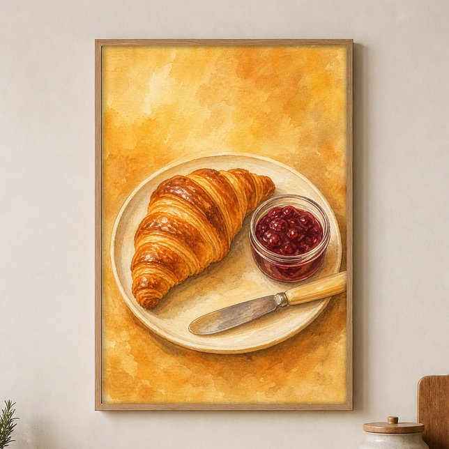 Póster de Acuarela de Croissant con Tarro de Merme (Shown framed for scale. Poster ships unframed; frames are an optional add-on.)