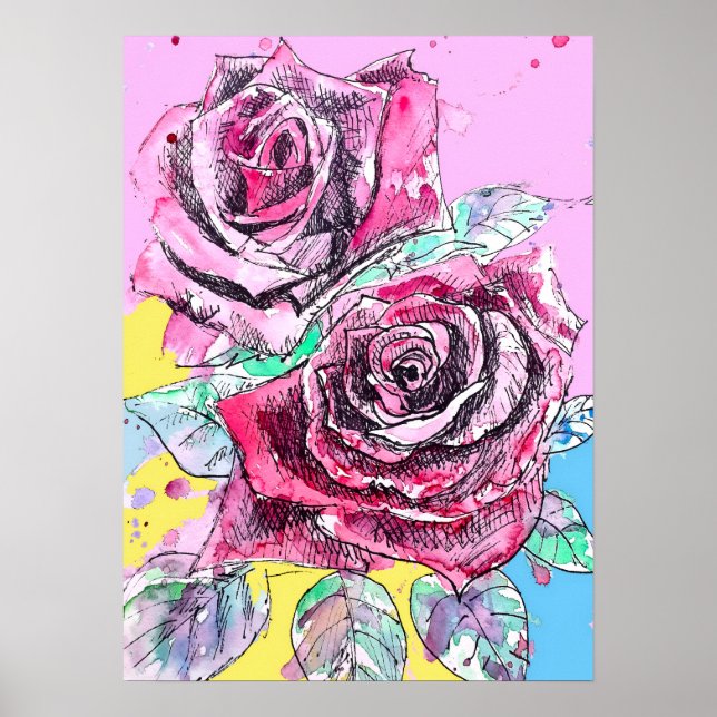 Póster de Acuarela de Flor Rosa Roja (Frente)