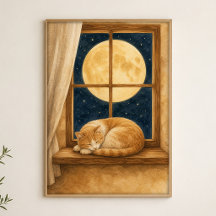 Póster de Acuarela de Gato en Alféizar con Luz de