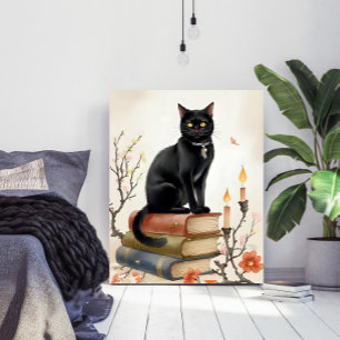Póster de Acuarela de Gato Negro Antiguo y Libros 