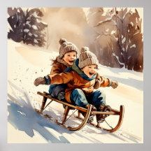 Póster de Acuarela de Invierno de Paseo en Trineo 