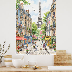 Póster de Acuarela de la Calle de París, Torre Eif
