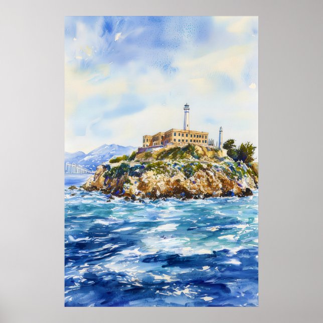 Póster de Acuarela de la Isla de Alcatraz Acuarela (Frente)