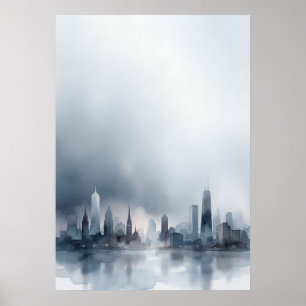 Póster de acuarela de la silueta urbana de la ciud