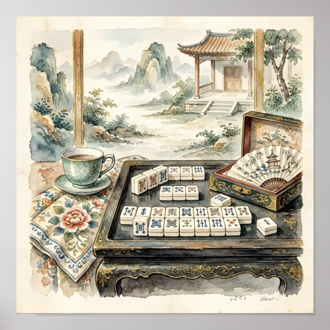 Póster de Acuarela de Mahjong Chic Chinoiserie (Frente)