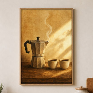 Póster de Acuarela de Mañana con Cafetera Moka Cot