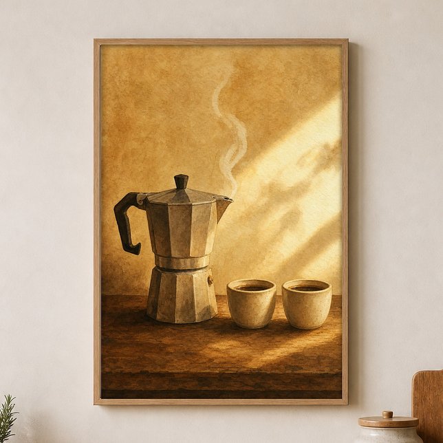 Póster de Acuarela de Mañana con Cafetera Moka Cot (Shown framed for scale. Poster ships unframed; frames are an optional add-on.)