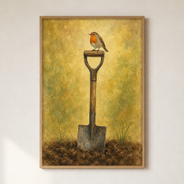 Póster de acuarela de petirrojo en pala de jardín