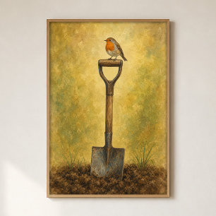 Póster de acuarela de petirrojo en pala de jardín