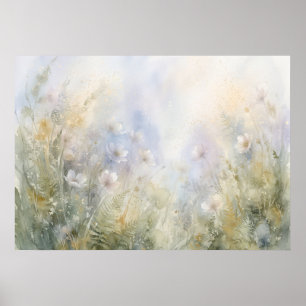Póster de Acuarela de Pradera de Helechos y Flores