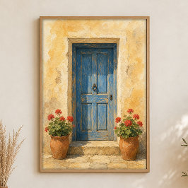 Póster de Acuarela de Puerta Azul con Macetas de G