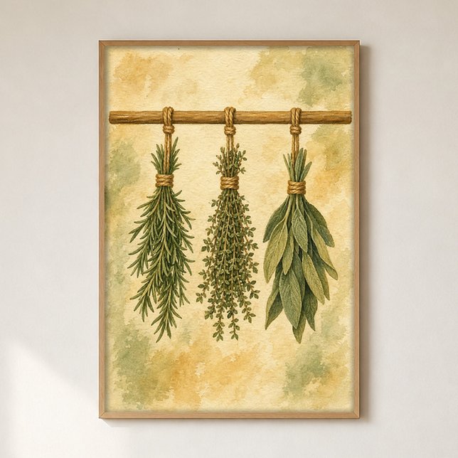 Póster de Acuarela de Ramas de Hierbas Colgantes (Shown framed for scale. Poster ships unframed; frames are an optional add-on.)