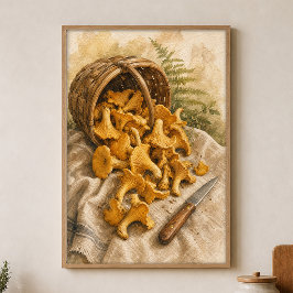 Póster de acuarela de rebozuelos en una cesta de b
