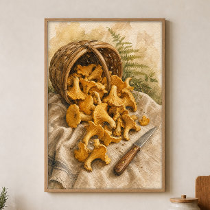 Póster de acuarela de rebozuelos en una cesta de b