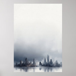 Póster de Acuarela de Silueta Urbana Gris Azul Bru