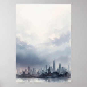 Póster de Acuarela de Silueta Urbana Gris Azul Nub