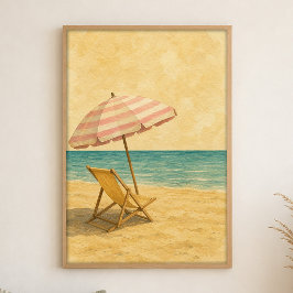 Póster de acuarela de sombrilla y silla de playa