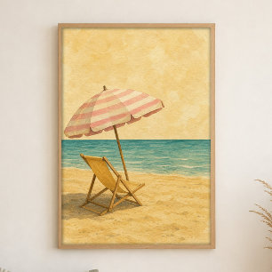 Póster de acuarela de sombrilla y silla de playa