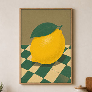 Póster de acuarela de tablero de ajedrez de limón