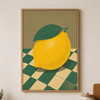 Póster de acuarela de tablero de ajedrez de limón