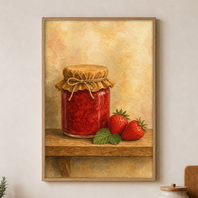 Póster de Acuarela de Tarro de Mermelada de Fresa  (Shown framed for scale. Poster ships unframed; frames are an optional add-on.)