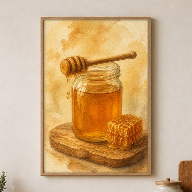 Póster de acuarela de tarro de miel y cucharilla (Shown framed for scale. Poster ships unframed; frames are an optional add-on.)