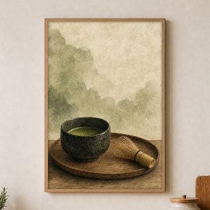 Póster de Acuarela de Tazón de Té y Batidor Estilo