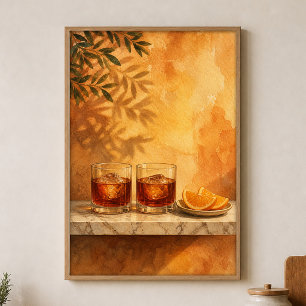 Póster de Acuarela de Vasos de Amaro y Rodajas de