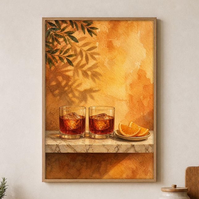 Póster de Acuarela de Vasos de Amaro y Rodajas de  (Shown framed for scale. Poster ships unframed; frames are an optional add-on.)