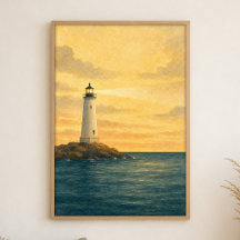 Póster de acuarela del faro al primer amanecer