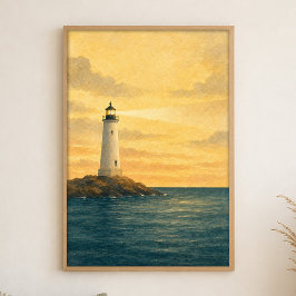 Póster de acuarela del faro al primer amanecer