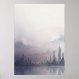 Póster de acuarela del horizonte de la ciudad Mauv