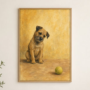 Póster de acuarela del terrier y la pelota de teni