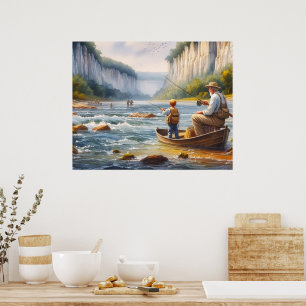 Póster de acuarela digital de pesca de río en cano