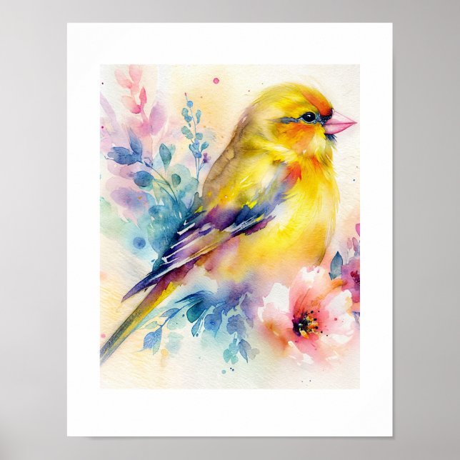 Póster de acuarela floral de pájaro cantor amarill (Frente)