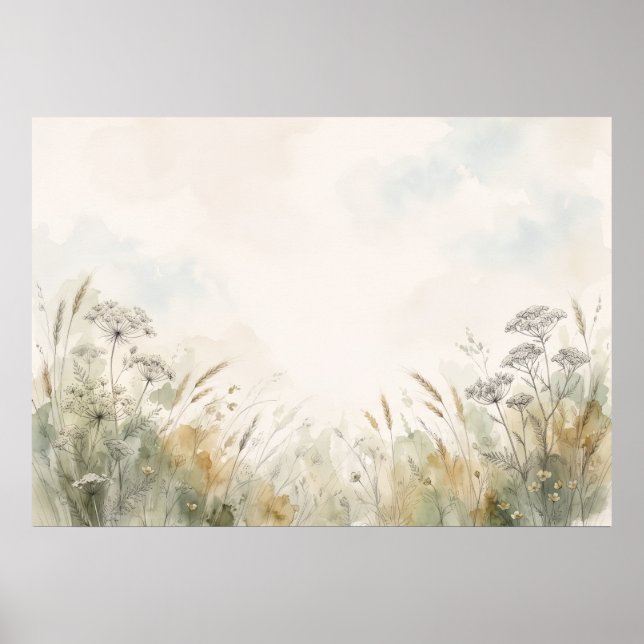 Póster de Acuarela Neutral de Prado de Flores Silv (Frente)