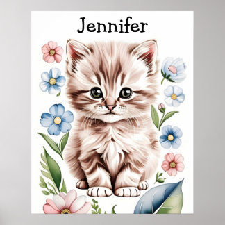 Póster de adorable gatito y flores de primavera