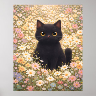 Póster de adorable gato negro en un campo de marga