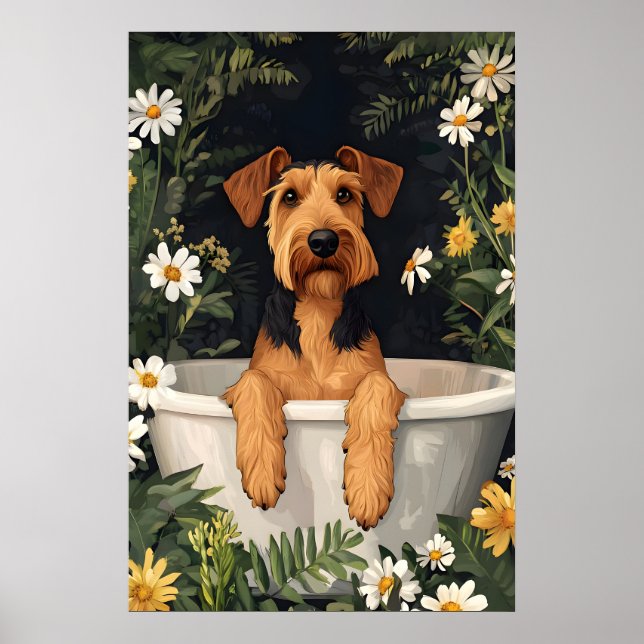 Póster de Airedale Terrier en bañera, Perro divert (Frente)