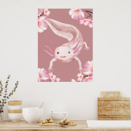 Póster de ajolote floral rosa