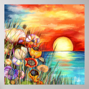Póster de amanecer de naturaleza en acuarela