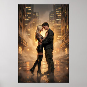 Póster de Amantes bajo la Lluvia en una Calle Dora